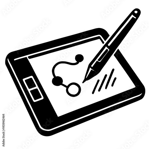Hand Drawing on Graphics Tablet with Digital Pen - Black and White Illustration for Technology, Design, Art, or Graphic Themes