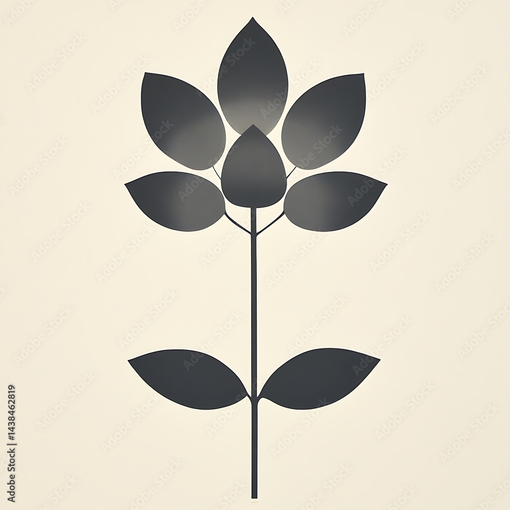 Minimalist Floral Art Print: Simple Botanical Illustration with Geometric Leaves and Stem on Neutral Background.