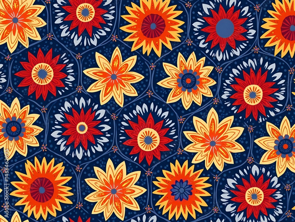 Bright abstract mosaic pattern with floral geometric motifs in dark blue, orange and red colors Digital paper and fabric print Bright abstract mosaic pattern with floral geometric motifs in dark blue, orange and red colors Digital paper and fabric print