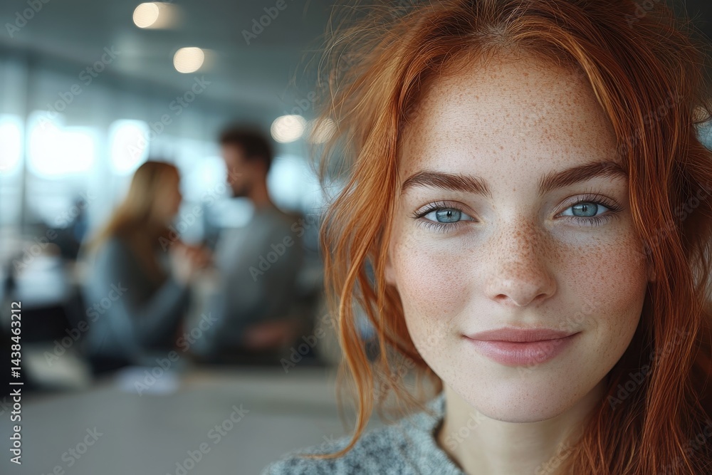 Beautiful woman with red hair and freckles in modern workspace Beautiful woman with red hair and freckles in modern workspace
