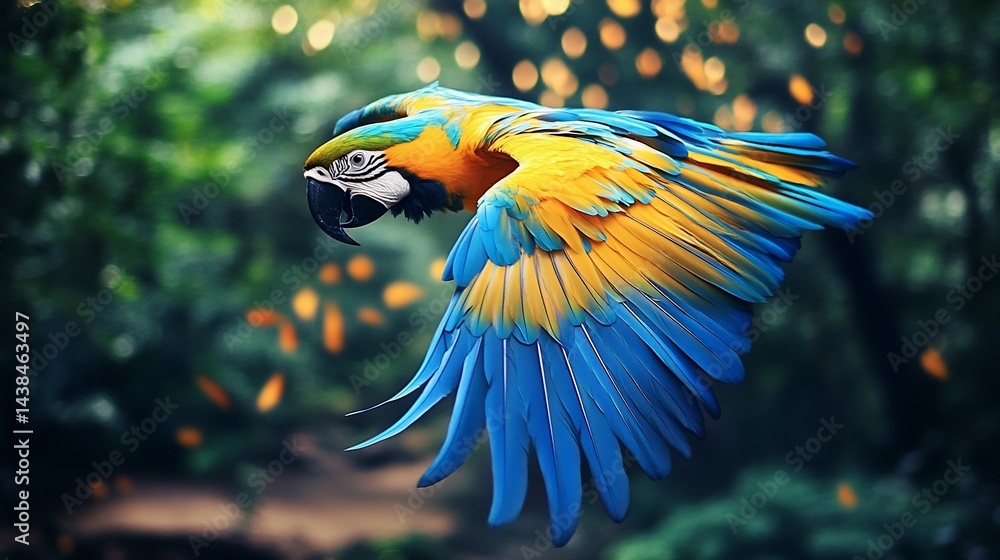 Fototapeta premium Colorful parrot with spread wings flying in a lush green forest