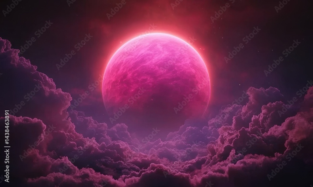 Fototapeta premium Vibrant Pink Planet Surrounded by Dreamy Colorful Clouds at Night