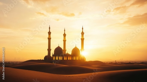 Fototapeta Naklejka Na Ścianę i Meble -  Majestic mosque silhouette at sunset over golden sand dunes in desert