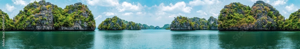Fototapeta premium Lush Green Islands Surrounded by Tranquil Blue Waters under Sky