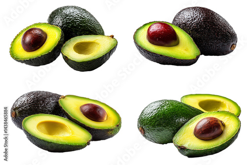 Realistic photograph of a complete avokado with halves, isolated on white background, focused lighting