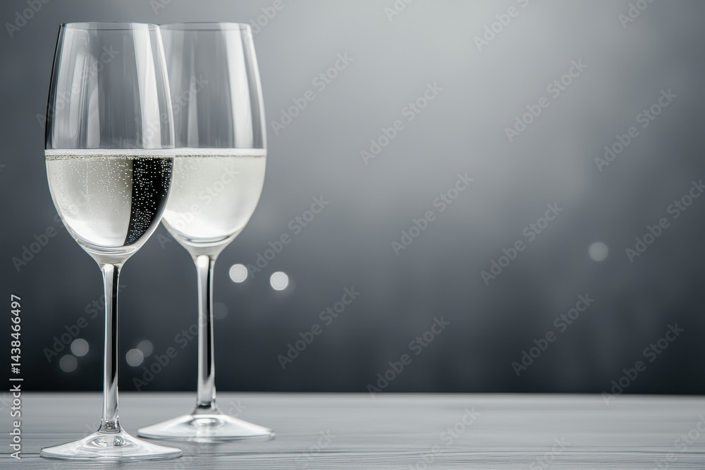 Elegant Glasses with Sparkling Drink against a Soft Gray Background Elegant Glasses with Sparkling Drink against a Soft Gray Background