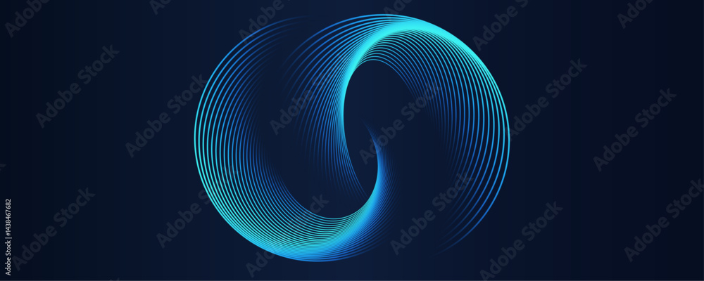 Abstract circle line pattern spin blue green light isolated on black background in the concept of music, science, Ai technology, digital futuristic banner