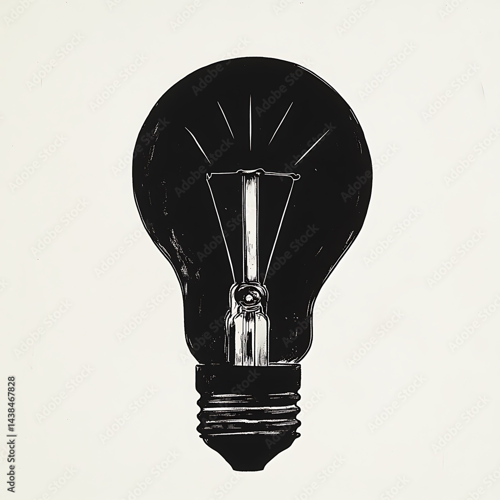 Monochrome Light Bulb Artwork: Simple Graphic Illustration of an Electrical Bulb, Black and White Idea Conceptualization.