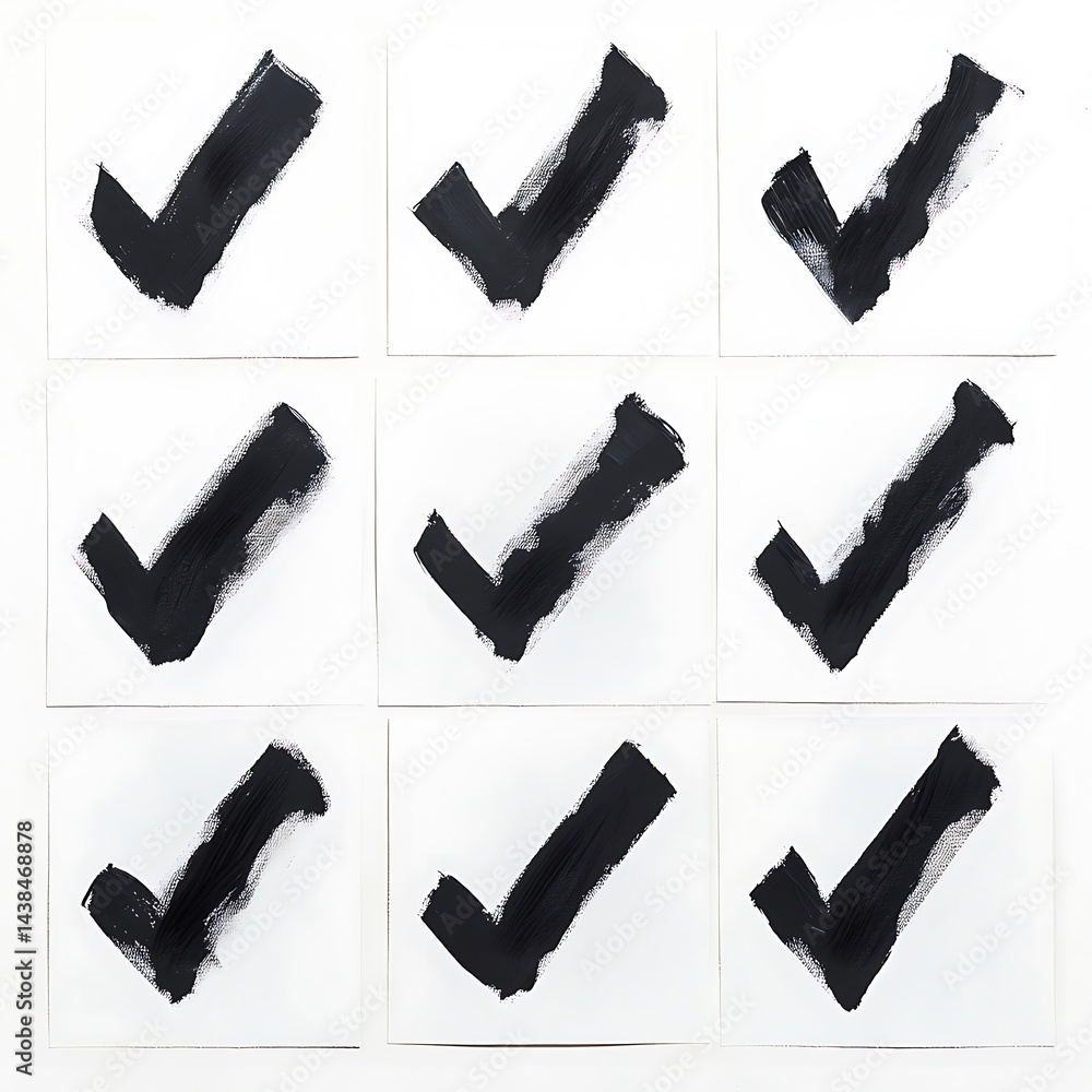 Nine Bold Black Tick Marks on White Paper, Artistic Minimalist Concept for Approval and Validation.