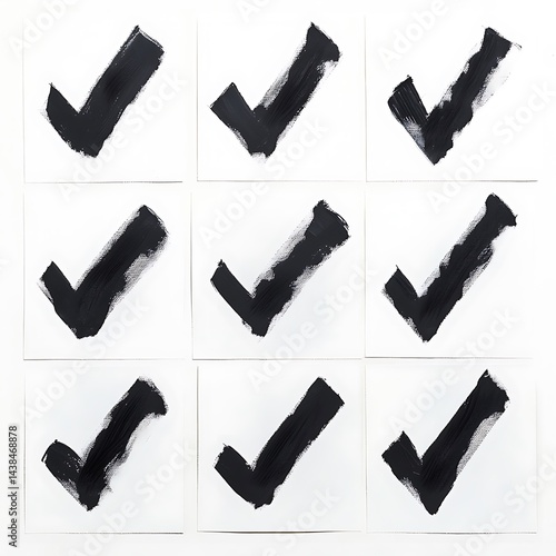 Obraz na płótnie Nine Bold Black Tick Marks on White Paper, Artistic Minimalist Concept for Approval and Validation. w salonie