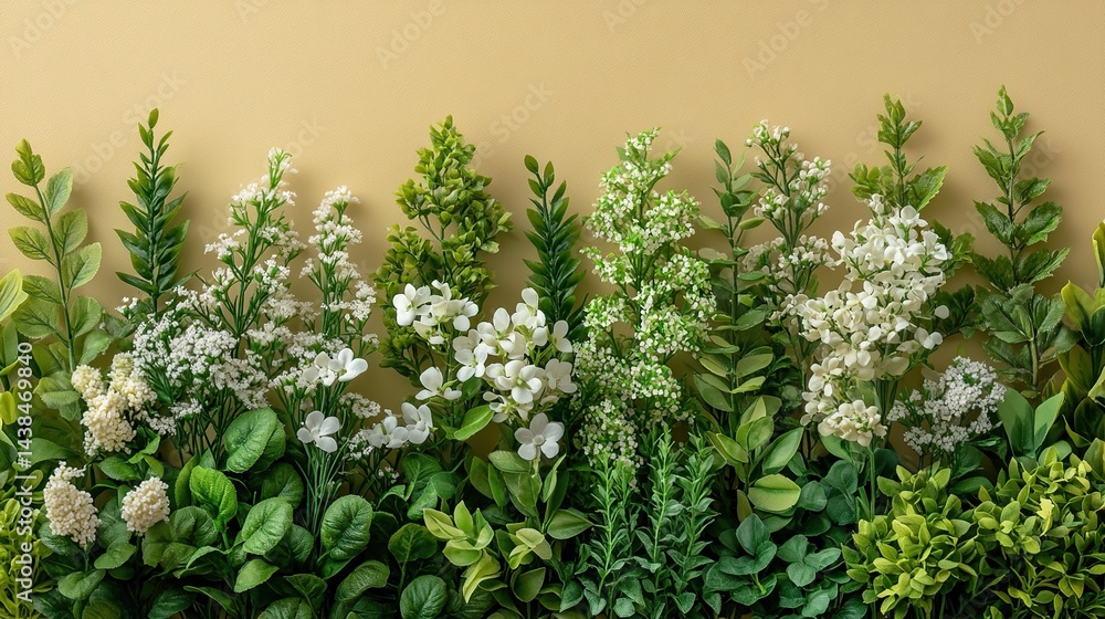Fresh, vibrant greenery with delicate white flowers arranged in a horizontal line on a pale yellow background