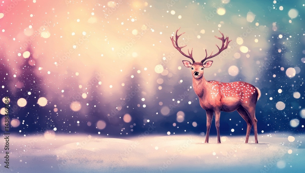 Majestic Deer in a Snowy Winter Wonderland with Soft Bokeh Lights
