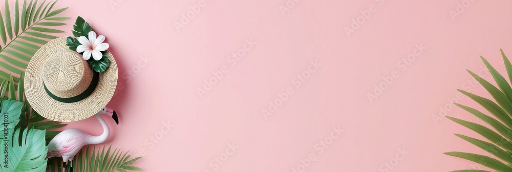 Tropical Summer Vibes with Hat and Flamingo on Pink Background