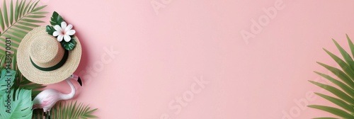 Obraz na płótnie Tropical Summer Vibes with Hat and Flamingo on Pink Background w salonie