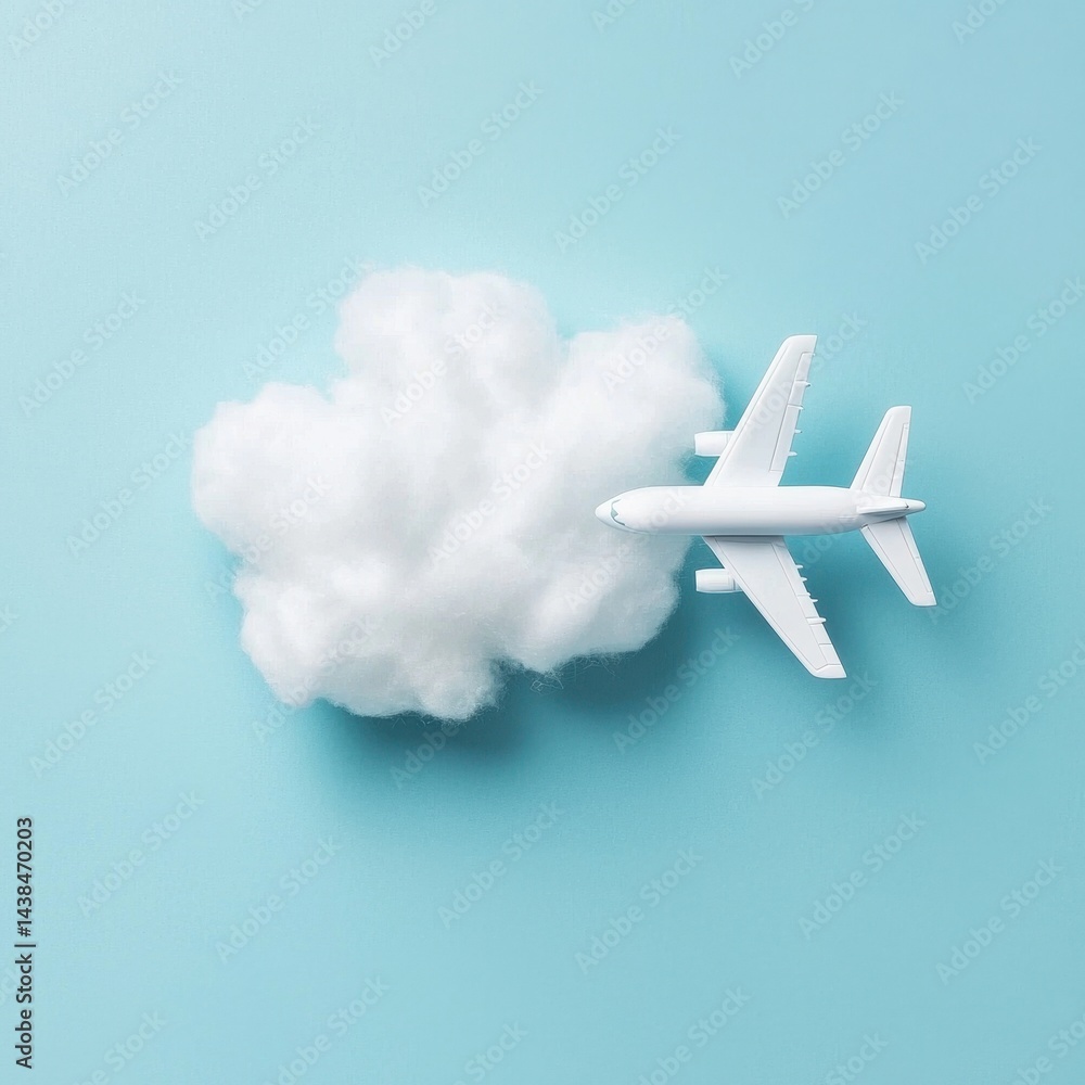 Aircraft Model Flying Above Soft White Cloud on Blue Background