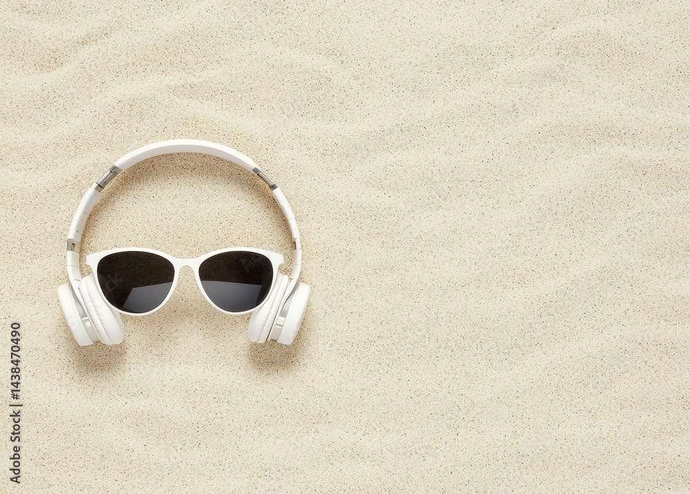 White Headphones and Sunglasses on Yellow Sandy Beach Background