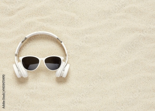 Obraz na płótnie White Headphones and Sunglasses on Yellow Sandy Beach Background w salonie