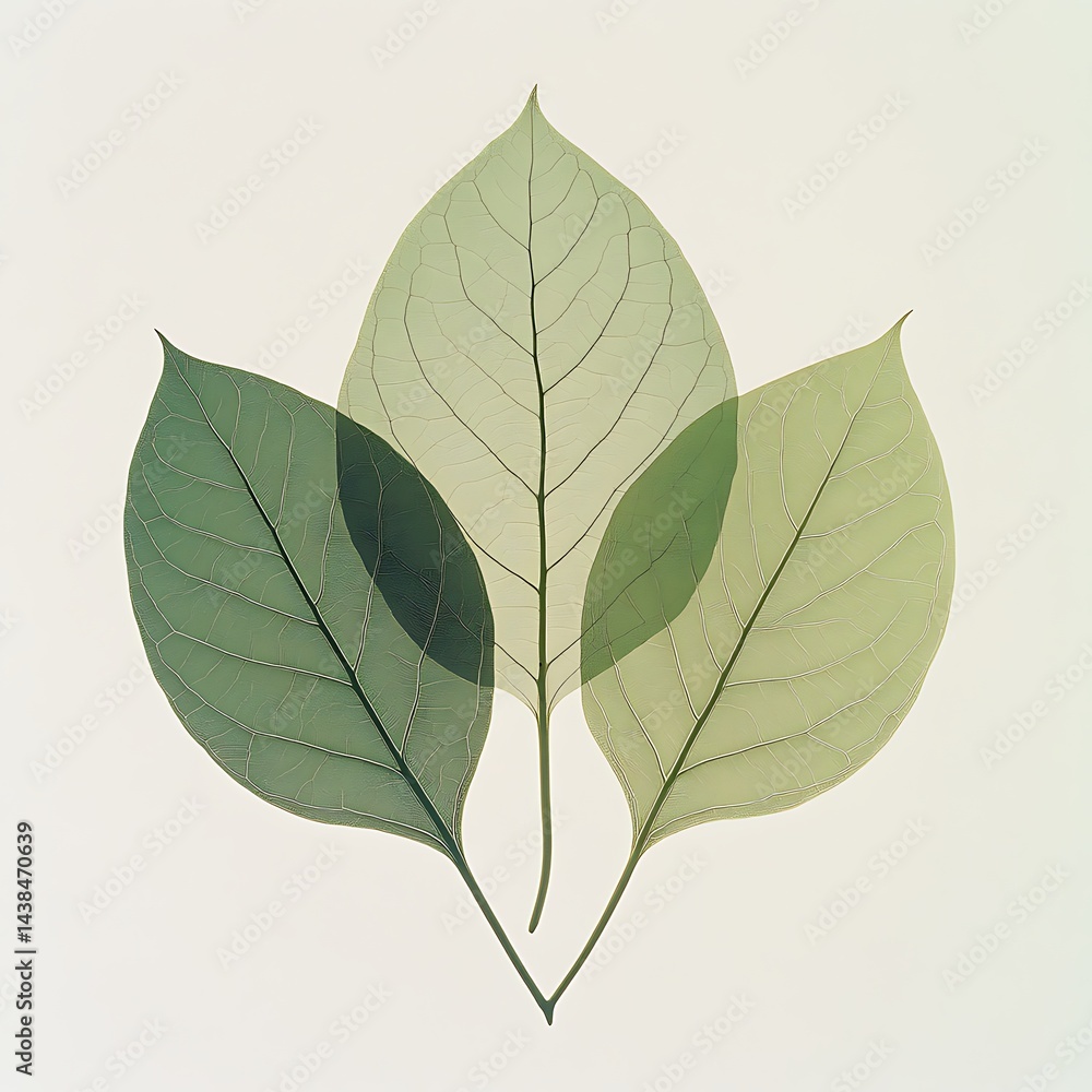 Overlapping Green Leaves Graphic Art: Natural Botanical Illustration with Delicate Veins on a Clean Background