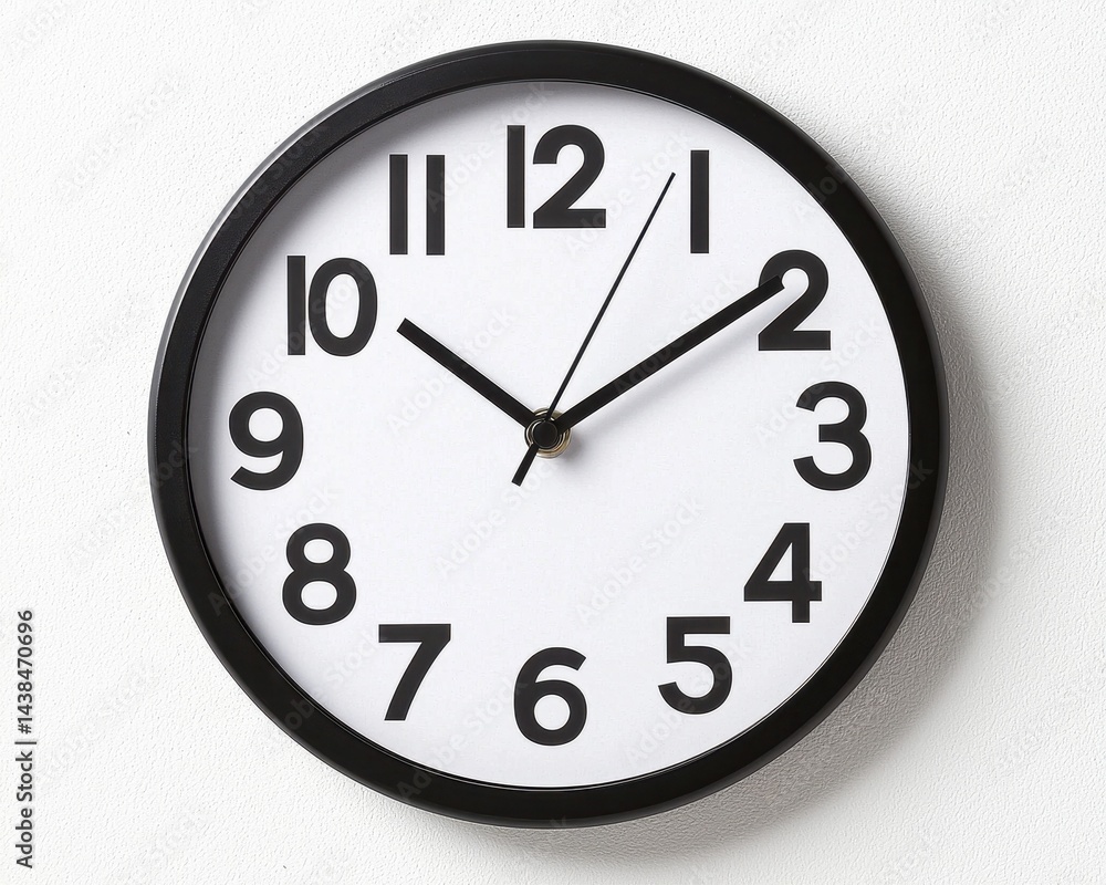 Black and White Wall Clock Showing Time on Minimalistic Background