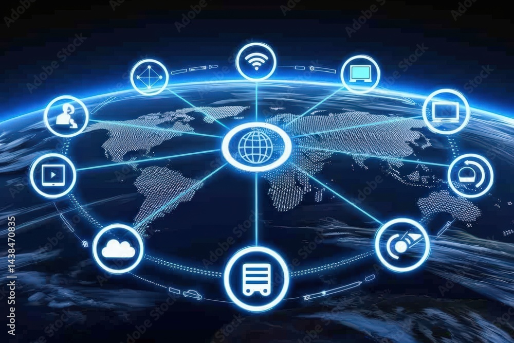 Global network of technology and connectivity icons over a world map. Global network of technology and connectivity icons over a world map.