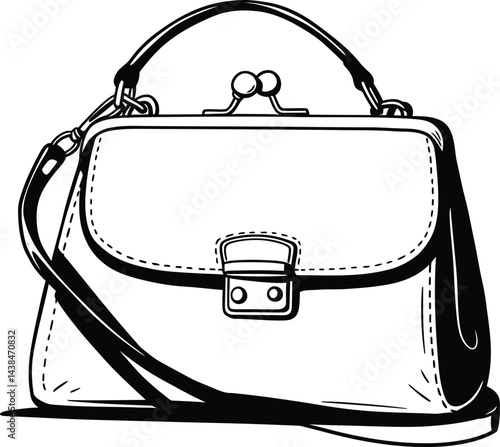 Vintage Handbag, Black and White Vector Illustration
