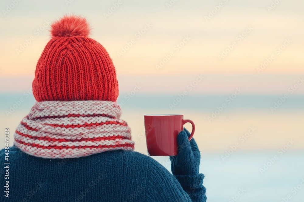 Cozy Winter Scene with Person Enjoying Warm Drink at Sunset