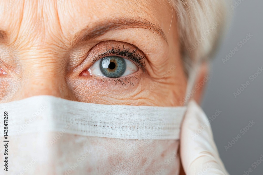 Close-up of Elderly Woman with Mask Showing Expressive Eye Detail
