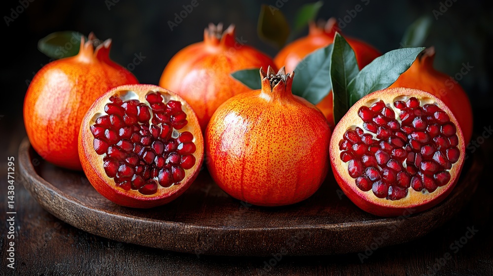 Fresh pomegranate fruit, halved and whole, on a wooden platter