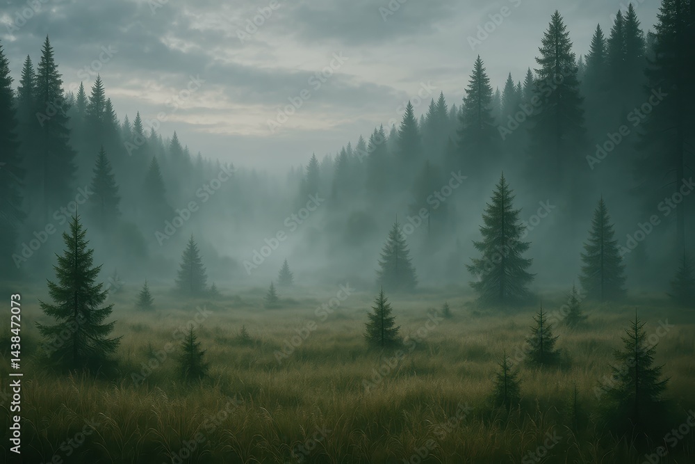 Misty Timber Field Surrounded by Lush Green Pine Trees Misty Timber Field Surrounded by Lush Green Pine Trees