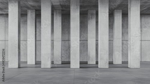 A minimalist black and white image of a concrete room with columns.