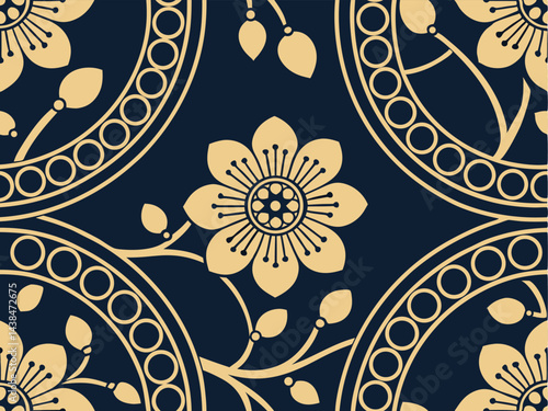 Elegant Floral Pattern: Seamless Gold on Navy Background