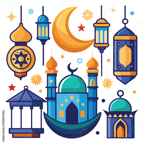 Islamic festival illustrations with mosque, lanterns, crescent moon, and gazebo