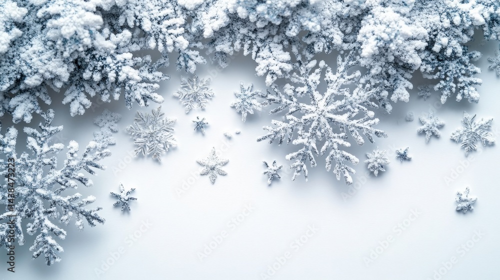 Close-up of delicate snowflakes scattered on a white surface, showcasing intricate designs and textures Close-up of delicate snowflakes scattered on a white surface, showcasing intricate designs and textures