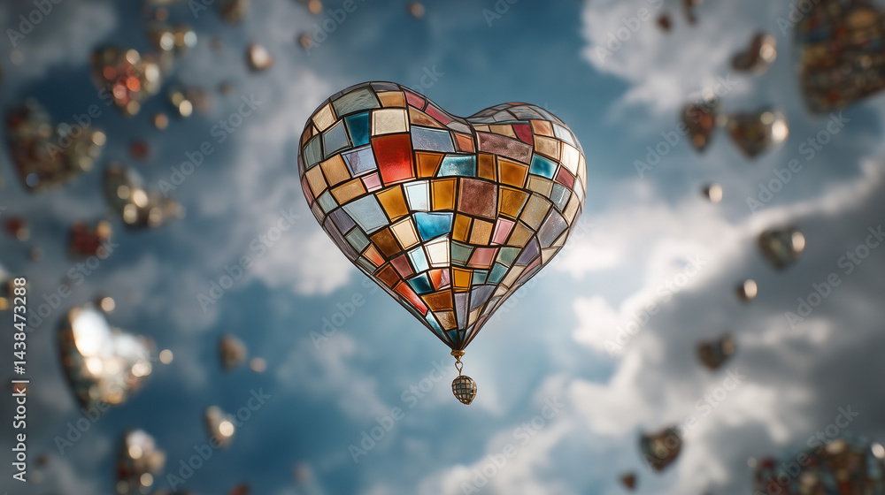 Obraz premium Colorful stained glass heart-shaped hot air balloons floating in a bright blue sky with soft clouds