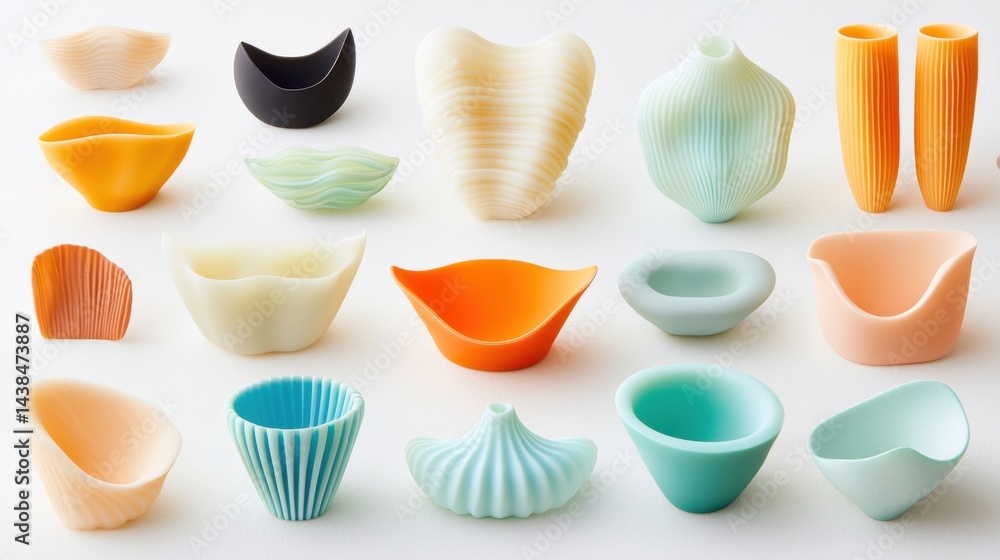 A collection of uniquely shaped and colored ceramic bowls and vases. A collection of uniquely shaped and colored ceramic bowls and vases.