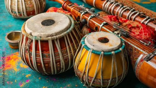 Still life featuring pair of tabla drums with sitar and flute on ornate teal surface with colorful powder splashes for music concept.