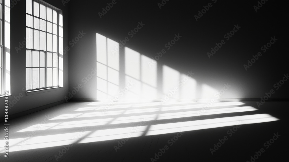 Obraz premium Sunlight streams into a room, casting long shadows and illuminating the white walls and floor.