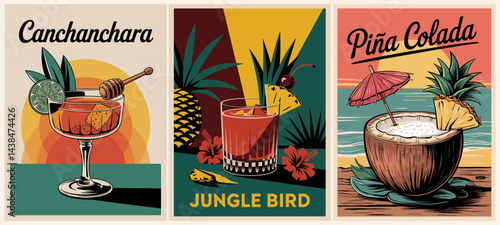 Cocktails retro poster set. Canhchancara, Pina Colada, Jungle bird. Collection of summer exotic drinks. Vintage flat vector illustrations for bar, pub, restaurant, kitchen wall art print.