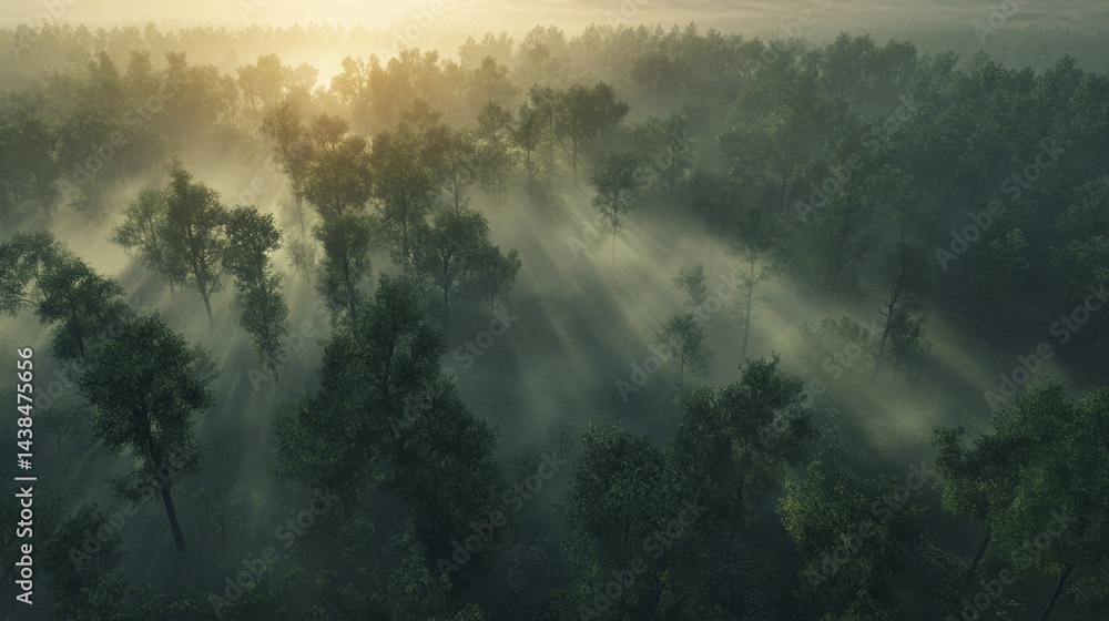 Fototapeta premium Misty sunrise over lush forest aerial view nature photography serene environment tranquil concept
