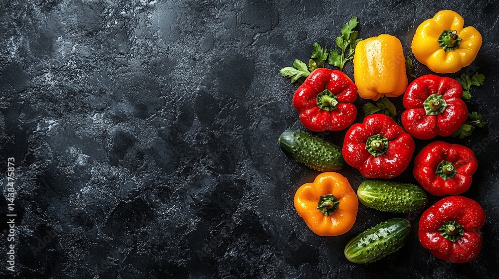 Fresh colorful peppers and cucumbers on a dark background