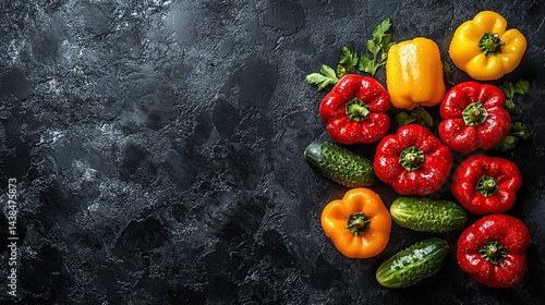 Obraz na płótnie Fresh colorful peppers and cucumbers on a dark background w salonie