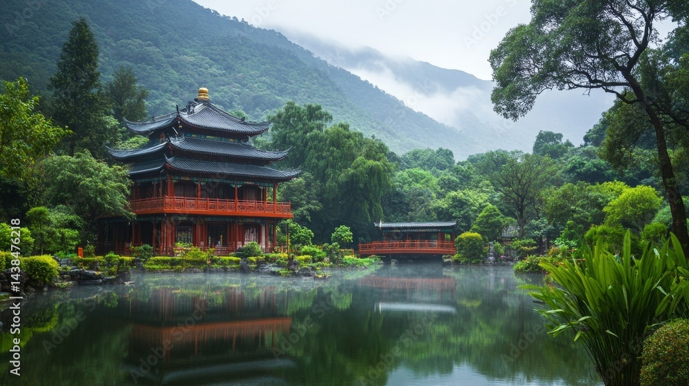 Fototapeta premium Serene temple reflection tranquil lake nature photography mountainous landscape peaceful atmosphere zen concept