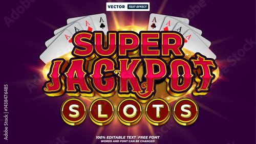 Super jackpot slots casino 3d editable text effect vector. Shiny neon 3d retro sign style with bright gold light. Editable, vibrant typography for vegas gambling and fortune games.