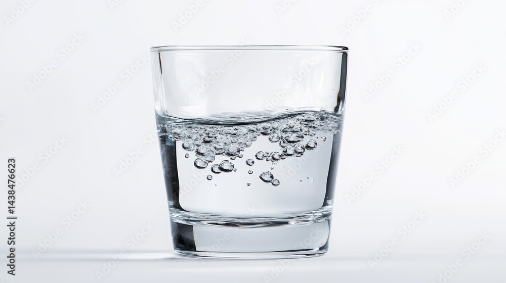 Glass of sparkling water, white background, refreshment Glass of sparkling water, white background, refreshment