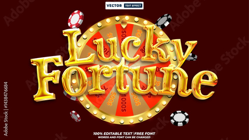 Lucky fortune casino 3d editable text effect vector. Shiny 3d retro style with birght chrome gold lights. Editable glossy typography for vegas jackpot and winner themes.