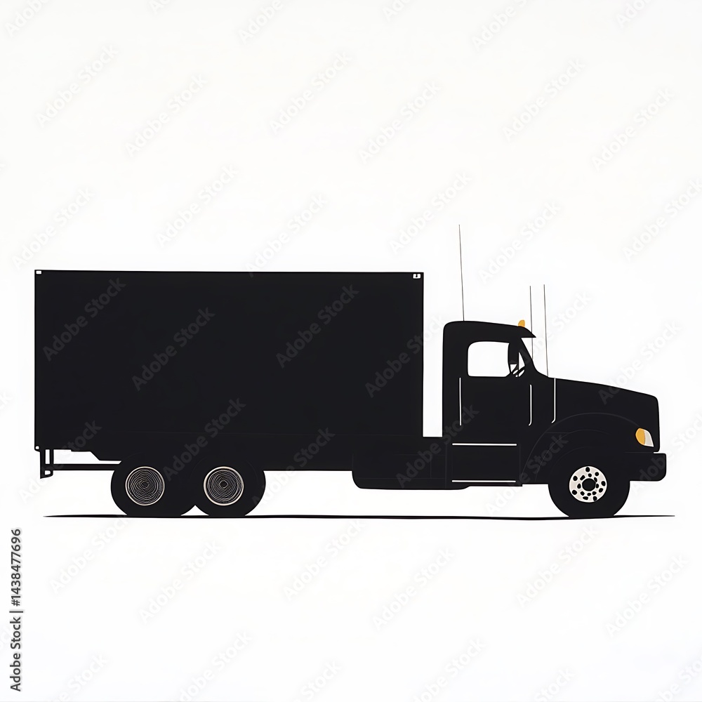 Striking Black Truck Illustration: Side View of Transport Vehicle with Simplified Style on a Clean White Background.