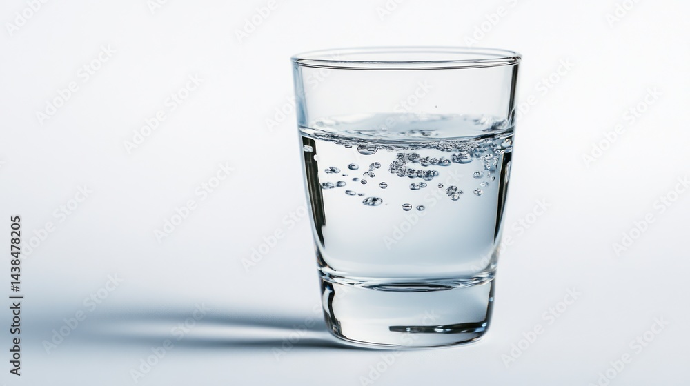 Glass of water, bubbles rising, white background, studio shot, hydration Glass of water, bubbles rising, white background, studio shot, hydration
