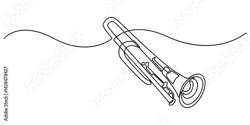 One line drawing of trumpet design. Classical jazz music instrument. Vector illustration simple continuous outline style, One single line drawing of luxury bass trombone. Wind music instruments style.