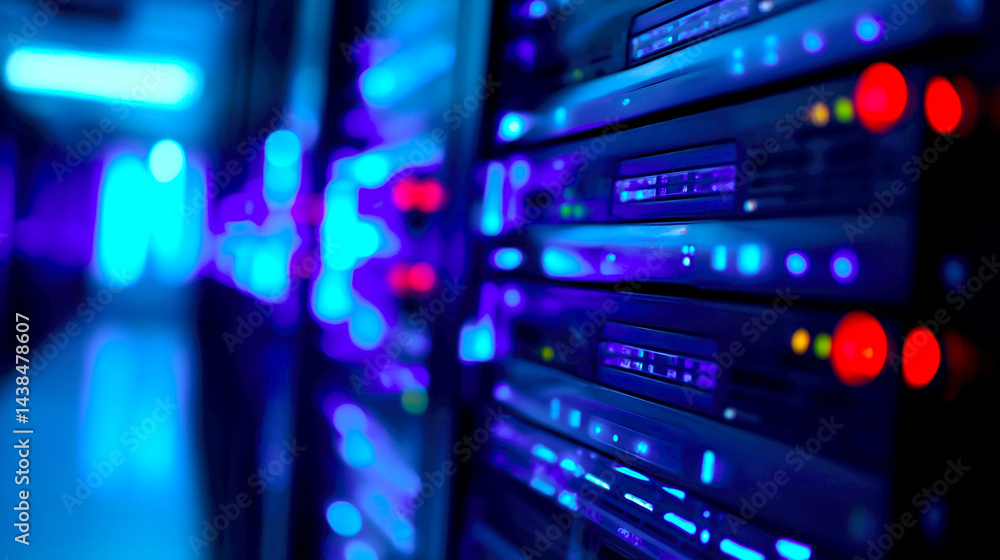 Hightech server room with blue lights showcasing advanced data storage technology and connectivity : Generative AI Hightech server room with blue lights showcasing advanced data storage technology and connectivity : Generative AI