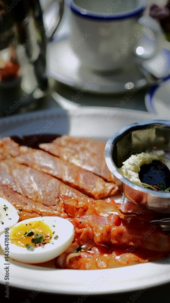 Turkish breakfast.
Breakfast in a cafe.
Mumpled croissant with fried eggs